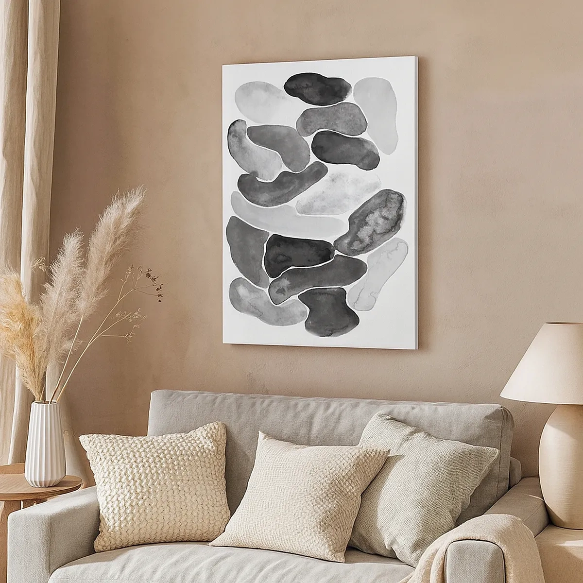 Obraz na płótnie - Abstrakcyjna kompozycja w odcieniach szarości przypominająca kamienie - 50x70cm - Abstrakcja kamienista - Nowoczesna dekoracja ścienna do salonu, kuchni i sypialni ARTTOR