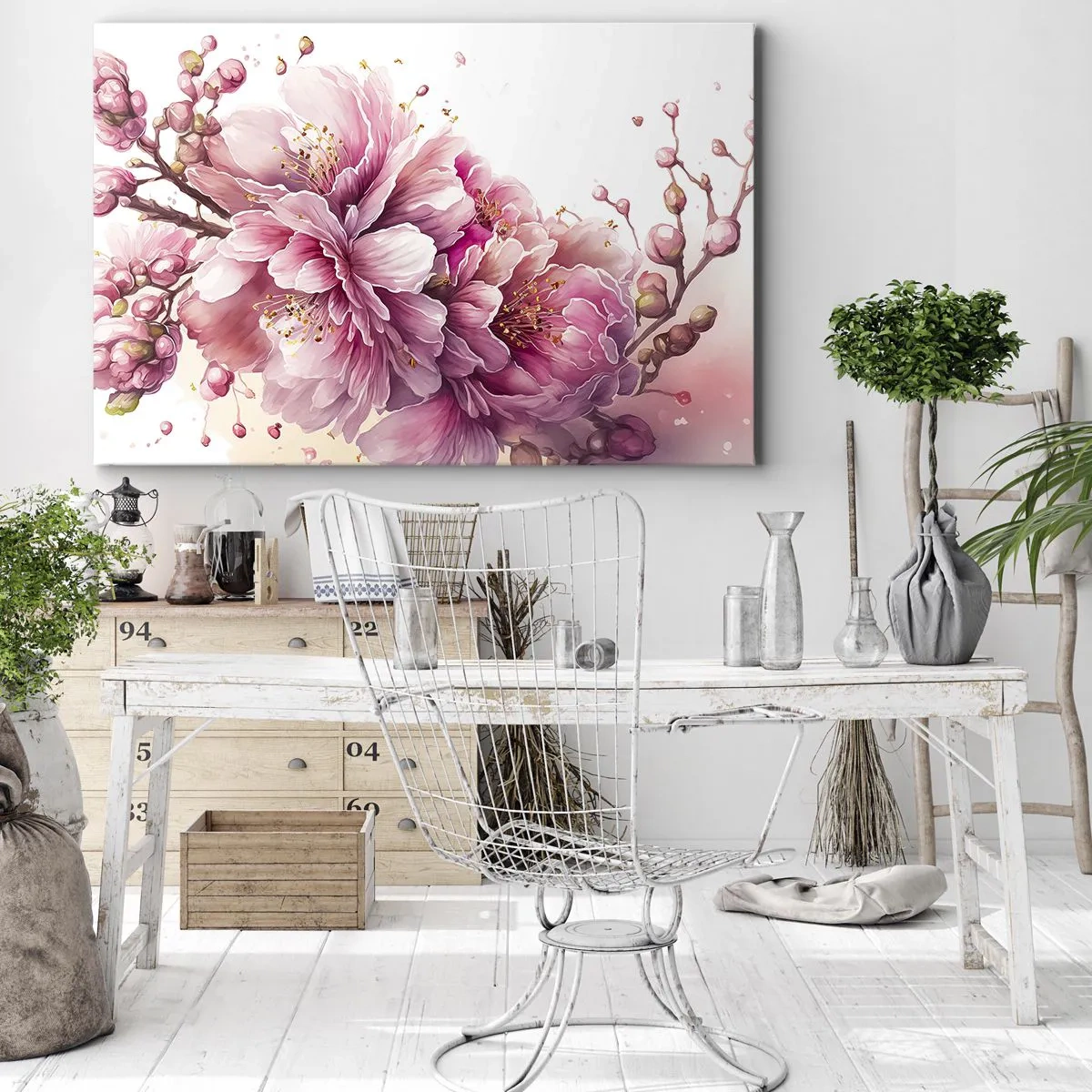 Obraz na płótnie - Delikatne kwiaty wiśni w pełnym rozkwicie na jasnym tle - 70x50cm - Kwiat kwitnącej wiśni - Nowoczesna dekoracja ścienna do salonu i sypialni ARTTOR