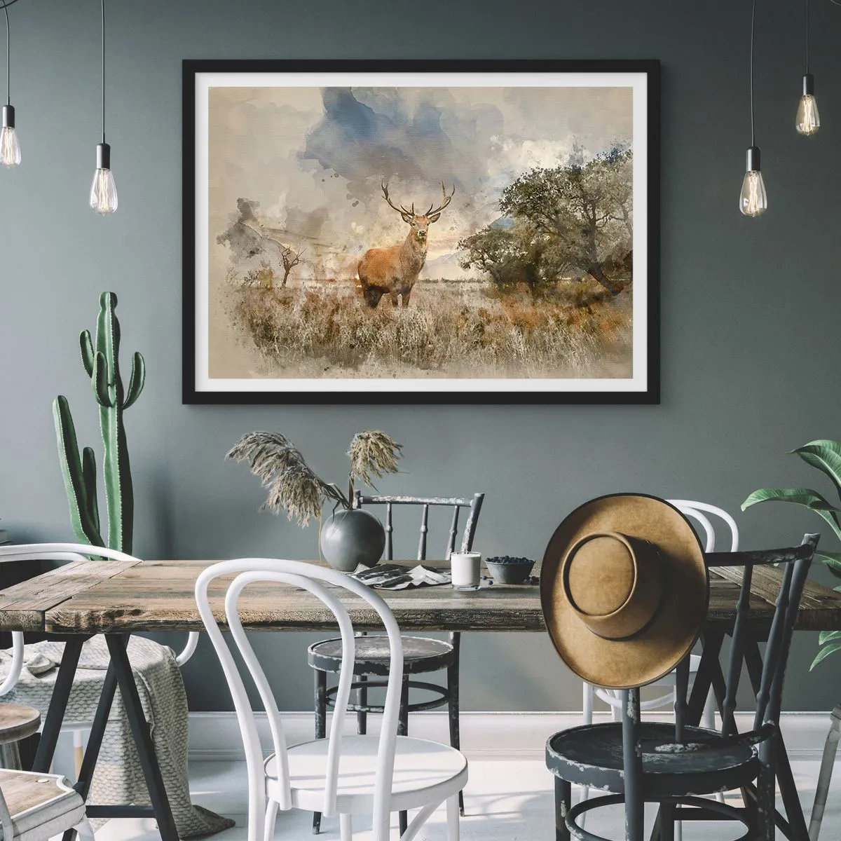 Plakat w czarnej ramie - Jeleń w naturalnym otoczeniu w akwarelowym stylu - 70x50cm - Godność - siła - dostojeństwo - Nowoczesna dekoracja ścienna do salonu i sypialni ARTTOR