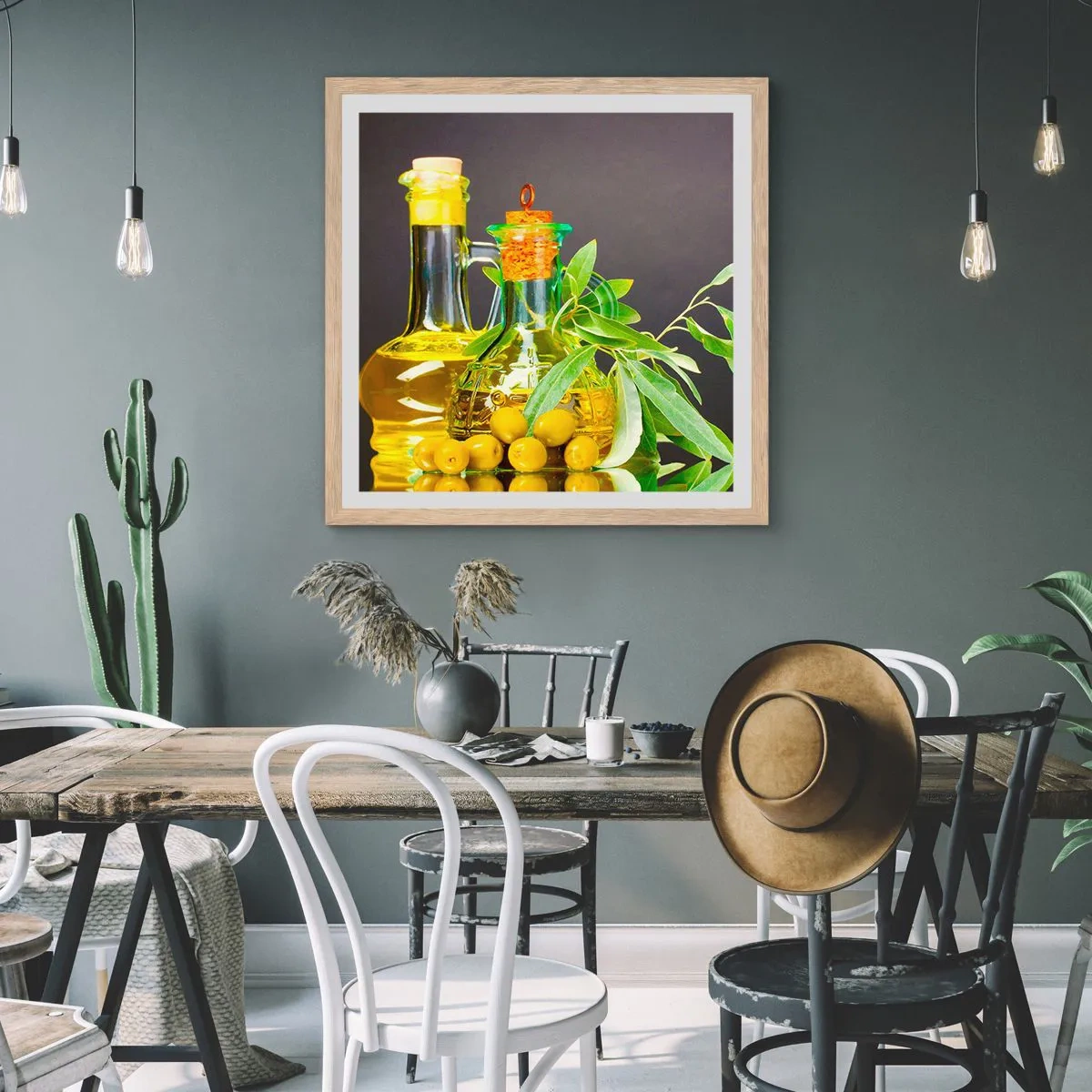 Plakat w ramie jasny dąb - Martwa natura z oliwkami i oliwą - 40x40 cm