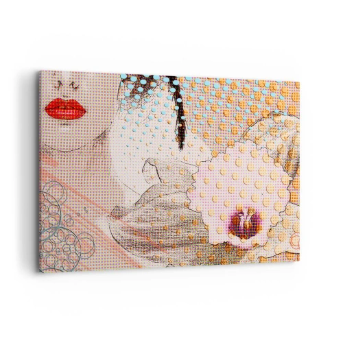 Obraz na płótnie - Abstrakcyjna grafika z motywem ust i orchidei - 100x70cm - Komiksowa heroina - Nowoczesna dekoracja ścienna do salonu, kuchni i sypialni ARTTOR