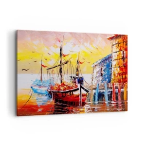 Obraz na płótnie - Malowniczy port o zachodzie słońca z łodziami rybackimi - 100x70cm - Szczęśliwy powrót - Nowoczesna dekoracja ścienna do salonu, kuchni i sypialni ARTTOR