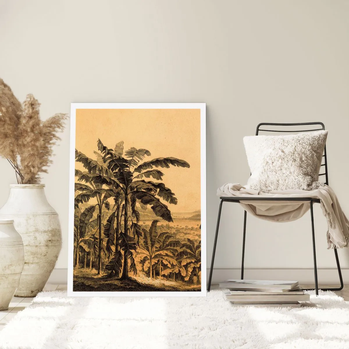 Plakat - Ilustracja palm na tle tropikalnego krajobrazu - 50x70cm - w kolonialnym klimacie - Nowoczesna dekoracja ścienna do salonu, kuchni i sypialni ARTTOR