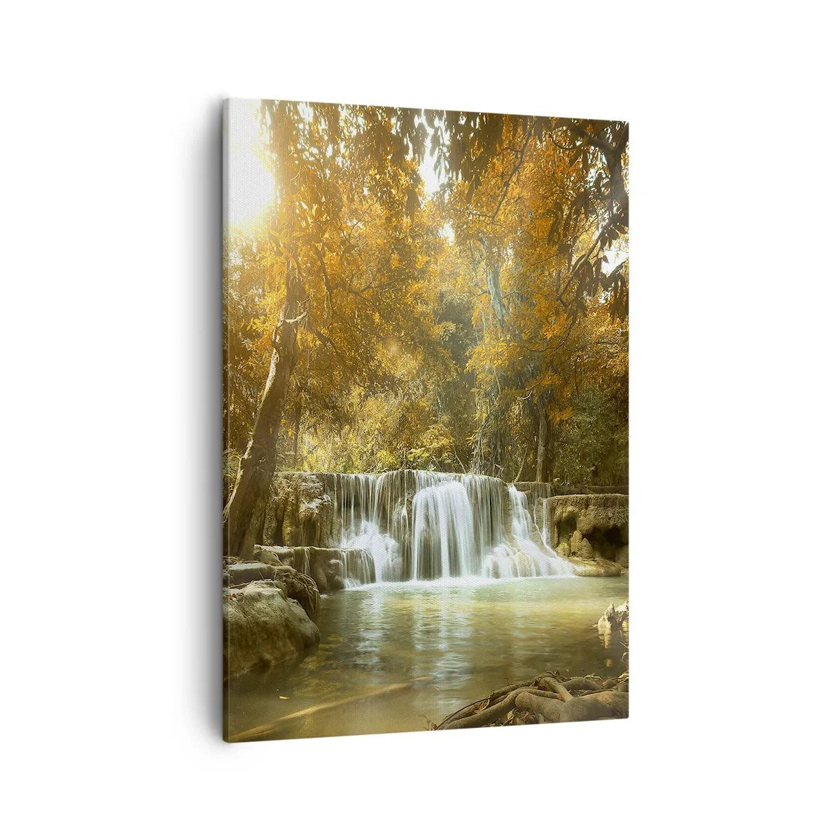 Obraz na płótnie - Jesienny wodospad otoczony złotymi liśćmi w leśnym krajobrazie - 50x70cm - Parkowa kaskada - Nowoczesna dekoracja ścienna do salonu, kuchni i sypialni ARTTOR