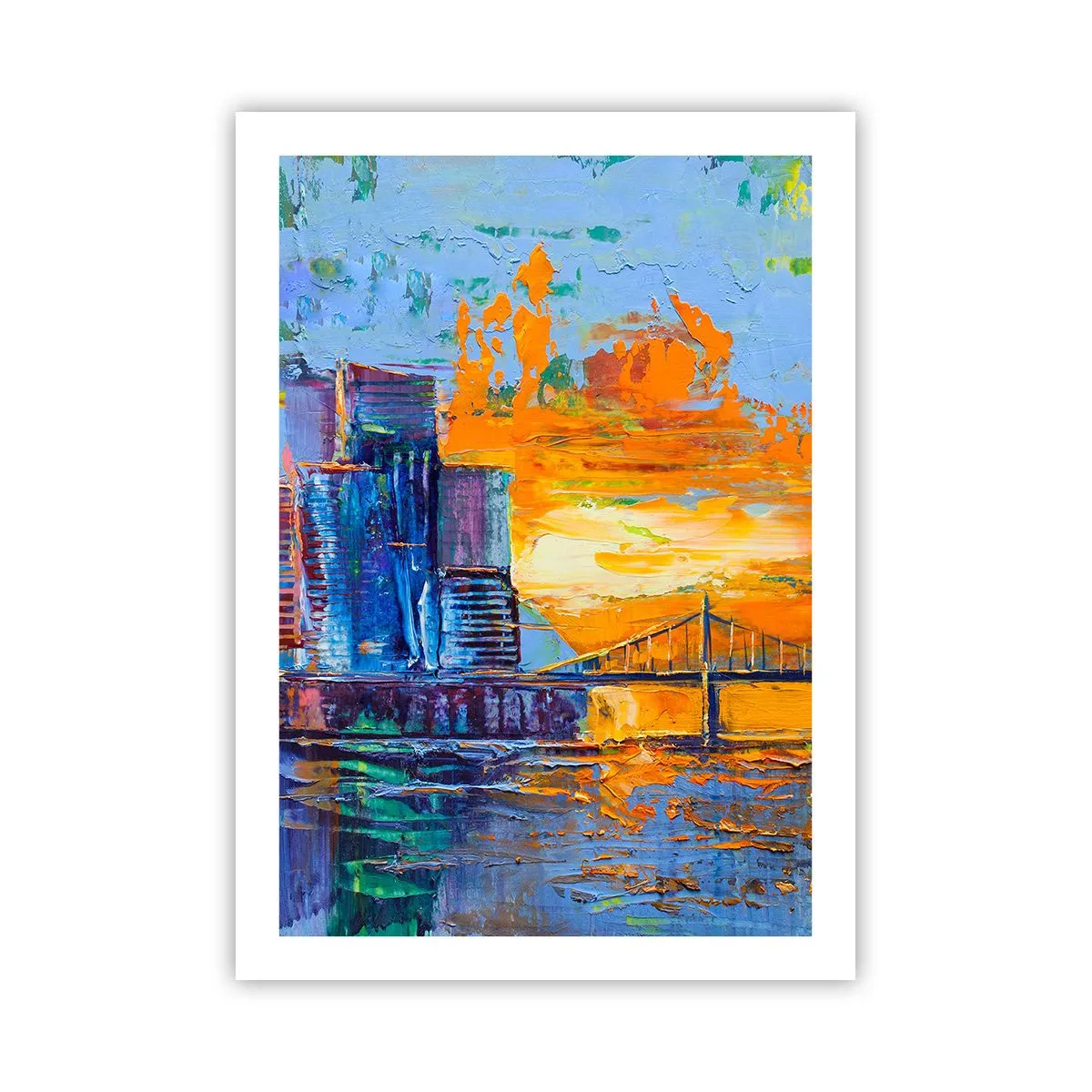 Plakat - Kolorowy most i miasto w blasku zachodzącego słońca - 50x70cm - Kultura i natura - Nowoczesna dekoracja ścienna do salonu, kuchni i sypialni ARTTOR