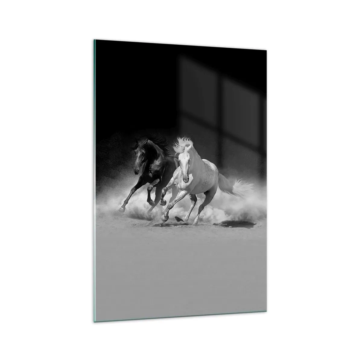 Obraz na szkle - Biegnące konie w czerni i bieli - 70x100cm - Galop wolności - Nowoczesna dekoracja ścienna do salonu i sypialni ARTTOR