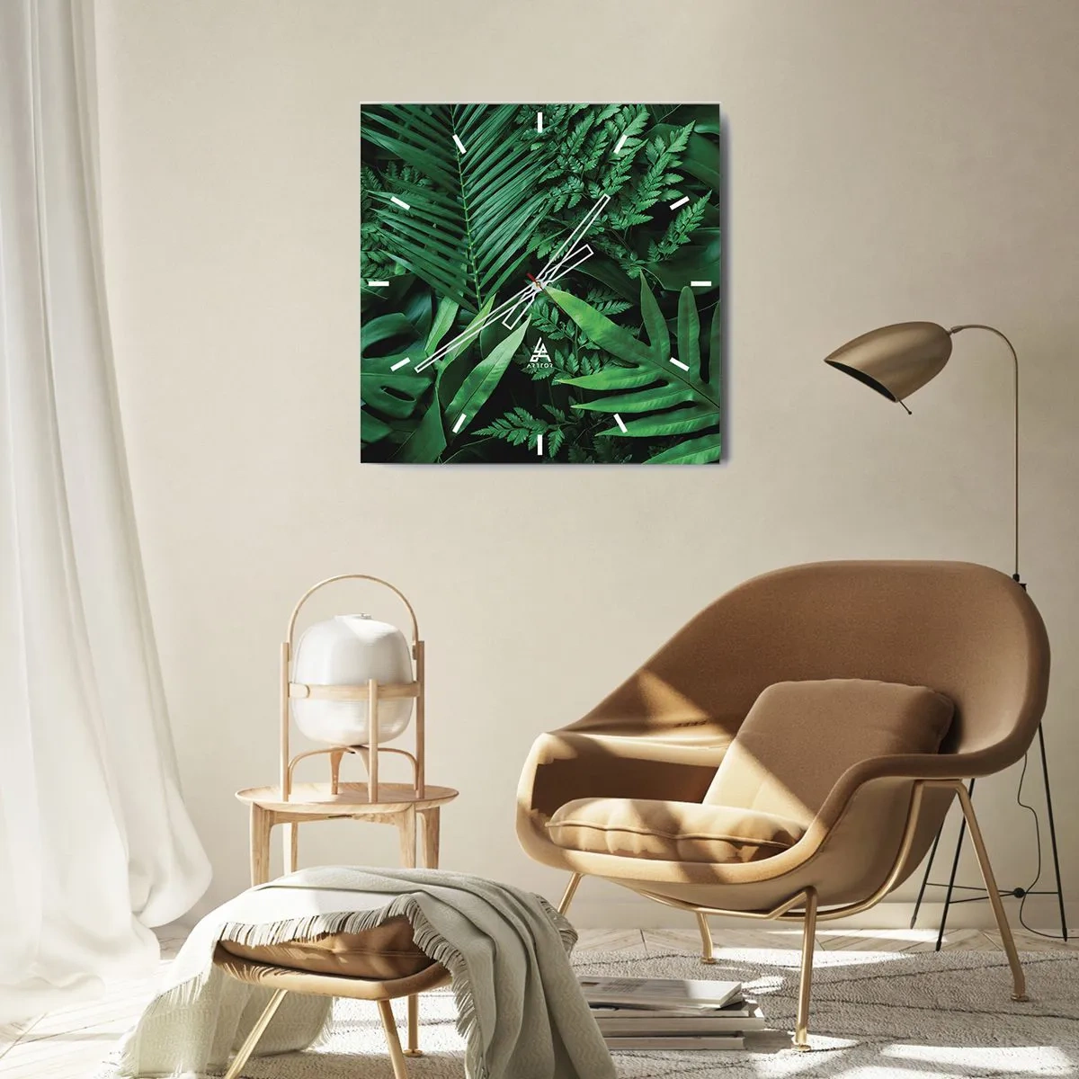 Zegar ścienny - Zielone liście tropikalne w gęstej i naturalnej kompozycji - 30x30cm - Utulone w zieleni - Nowoczesna dekoracja ścienna do salonu i sypialni ARTTOR
