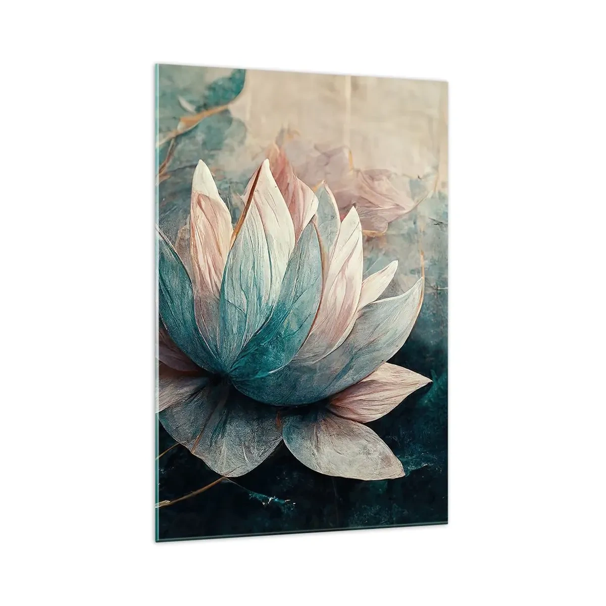 Obraz na szkle - Subtelne lilie wodne w pastelowych odcieniach błękitu i złota - 70x100cm - Gwiazdy jeziora - Nowoczesna dekoracja ścienna do salonu i sypialni ARTTOR