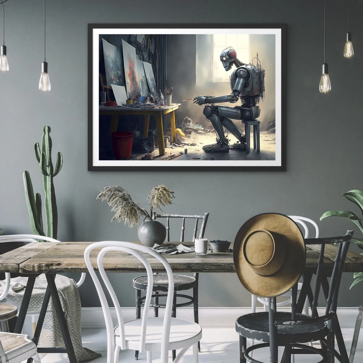 Plakat w czarnej ramie - Robot malujący obraz w artystycznej pracowni - 70x50cm - Akt kreacji - Nowoczesna dekoracja ścienna do salonu i sypialni ARTTOR