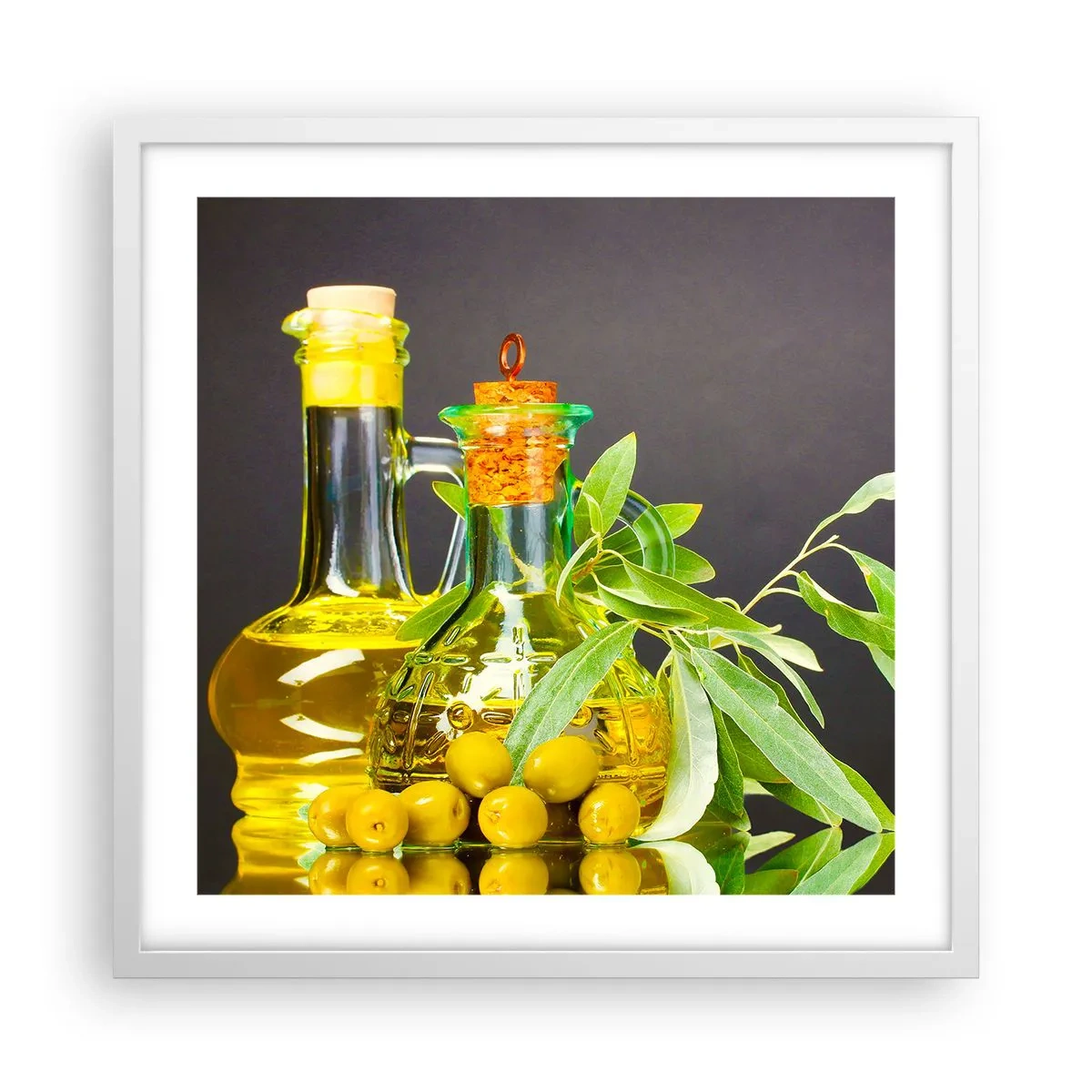 Plakat w białej ramie - Martwa natura z oliwkami i oliwą - 50x50 cm