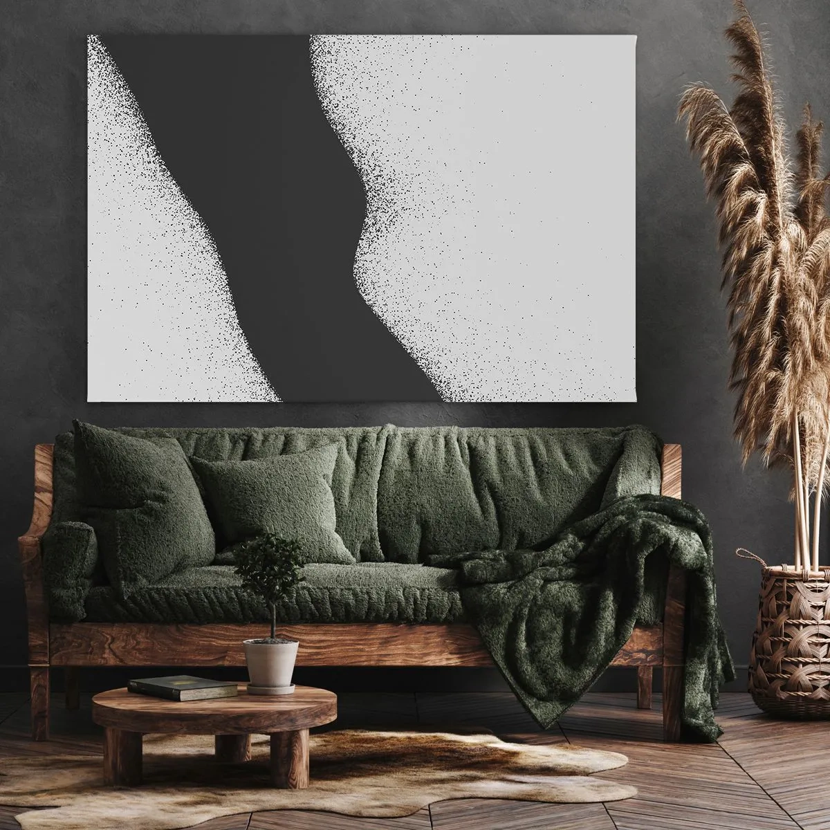 Obraz na płótnie - Abstrakcyjny czarno-biały wzór z delikatnymi kropkami na płótnie - 70x50cm - Płynna równowaga - Nowoczesna dekoracja ścienna do salonu i sypialni ARTTOR