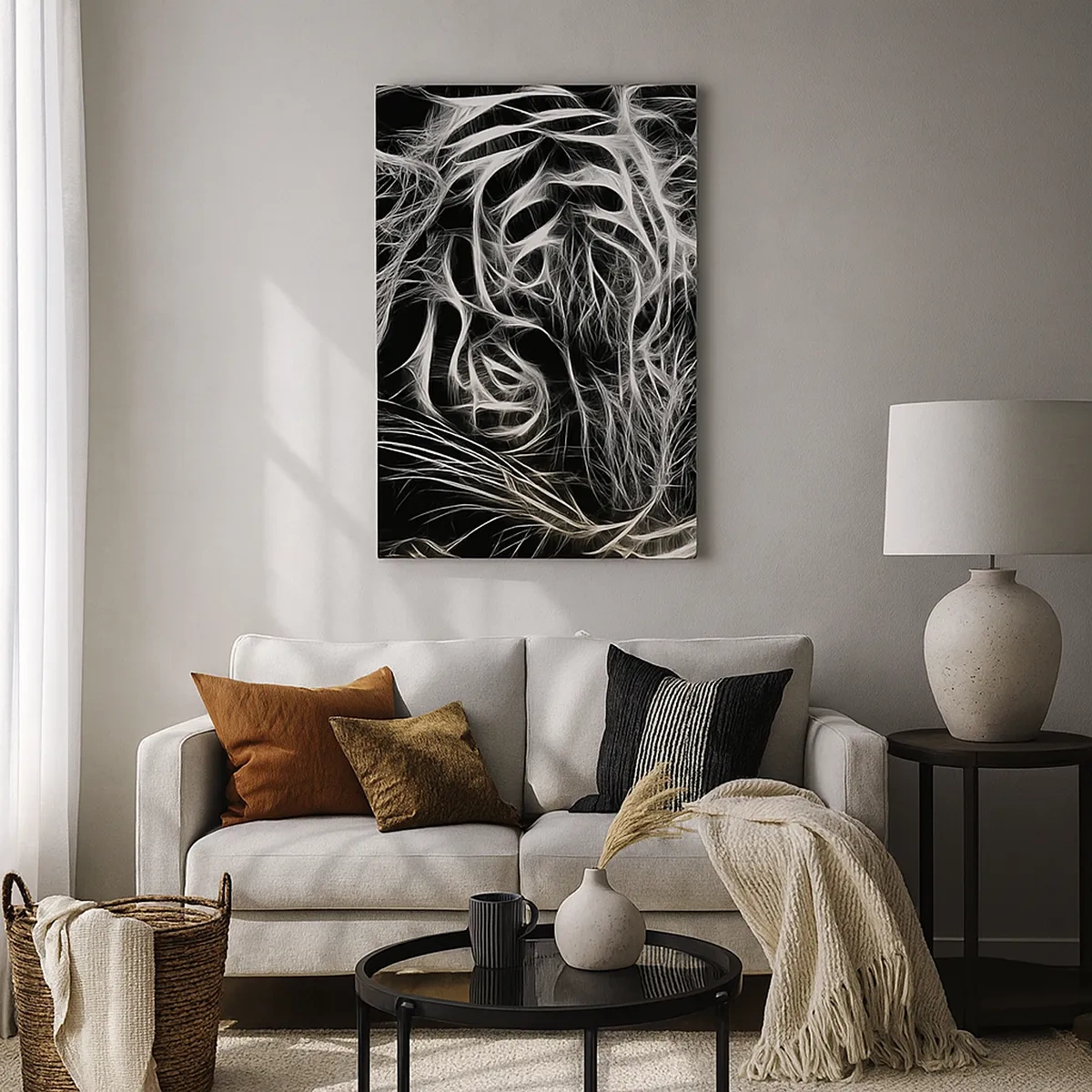 Obraz na płótnie - Abstrakcyjny wizerunek tygrysa na czarnym tle - 50x70cm - Studium kociej lekkości - Nowoczesna dekoracja ścienna do salonu, kuchni i sypialni ARTTOR