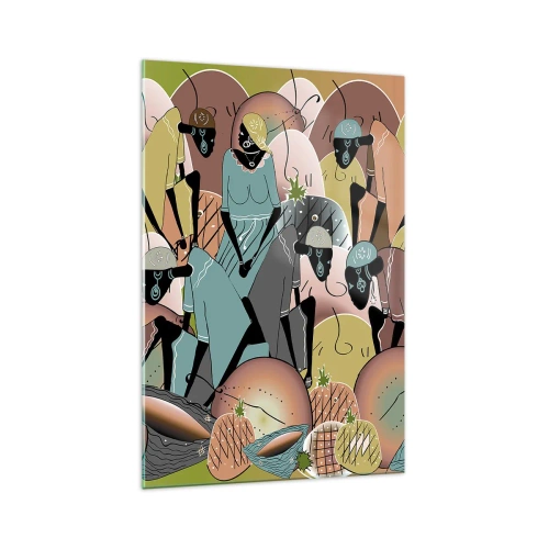 Obraz na szkle - Kolorowa kompozycja abstrakcyjna inspirowana kulturą afrykańską - 70x100cm - Nadchodzi wielkie święto - Nowoczesna dekoracja ścienna do salonu i sypialni ARTTOR