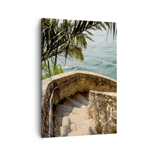 Obraz na płótnie - Kamienne schody prowadzące w dół nad turkusową wodę otoczoną palmami - 50x70cm - Pod słońcem Italii - Nowoczesna dekoracja ścienna do salonu, kuchni i sypialni ARTTOR