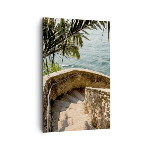 Obraz na płótnie - Kamienne schody prowadzące w dół nad turkusową wodę otoczoną palmami - 80x120cm - Pod słońcem Italii - Nowoczesna dekoracja ścienna do salonu i sypialni ARTTOR