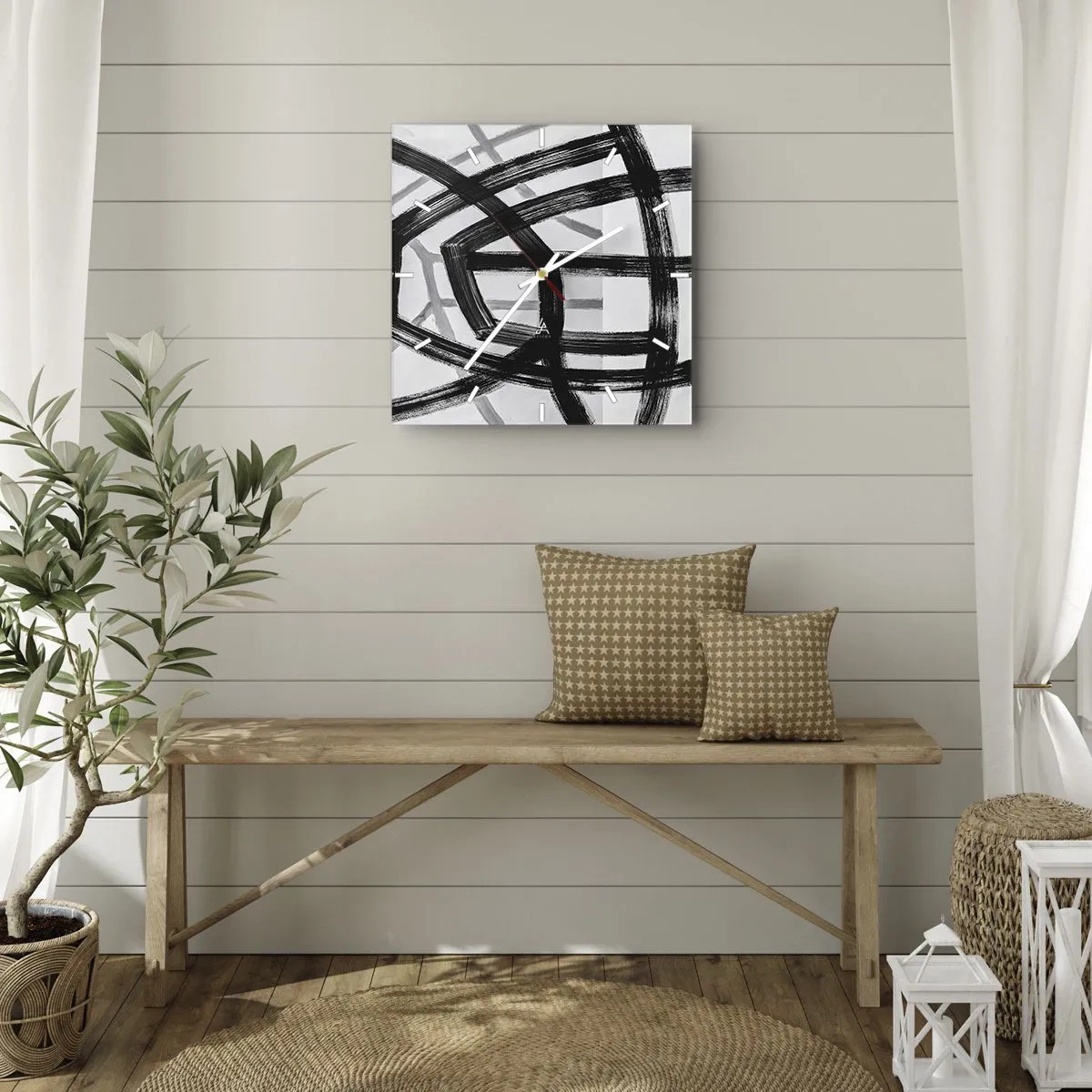 Zegar ścienny - Czarno-białe abstrakcyjne linie przecinające się na jasnym tle - 30x30cm - Budowanie głębi - Nowoczesna dekoracja ścienna do salonu i sypialni ARTTOR