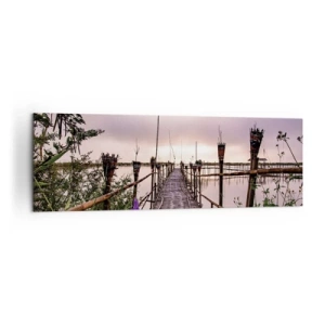 Obraz na płótnie - Bambusowy most na wodzie o świcie - 160x50cm - Spokój i cisza Azji - Nowoczesna dekoracja ścienna do salonu i sypialni ARTTOR