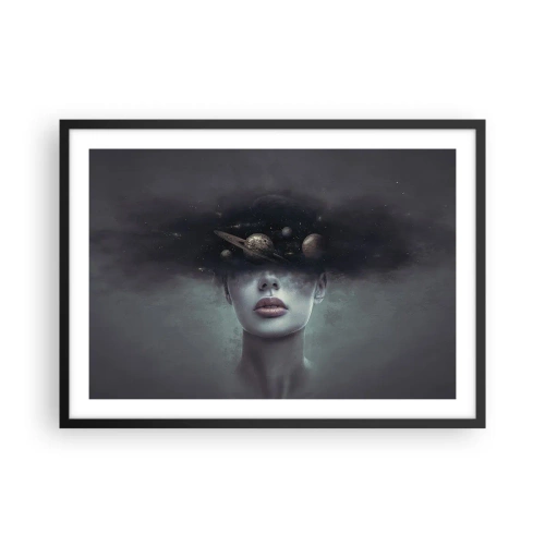 Plakat w czarnej ramie - Kobieca twarz z motywem planet i kosmosu w tle - 70x50cm - A planety szaleją… - Nowoczesna dekoracja ścienna do salonu i sypialni ARTTOR