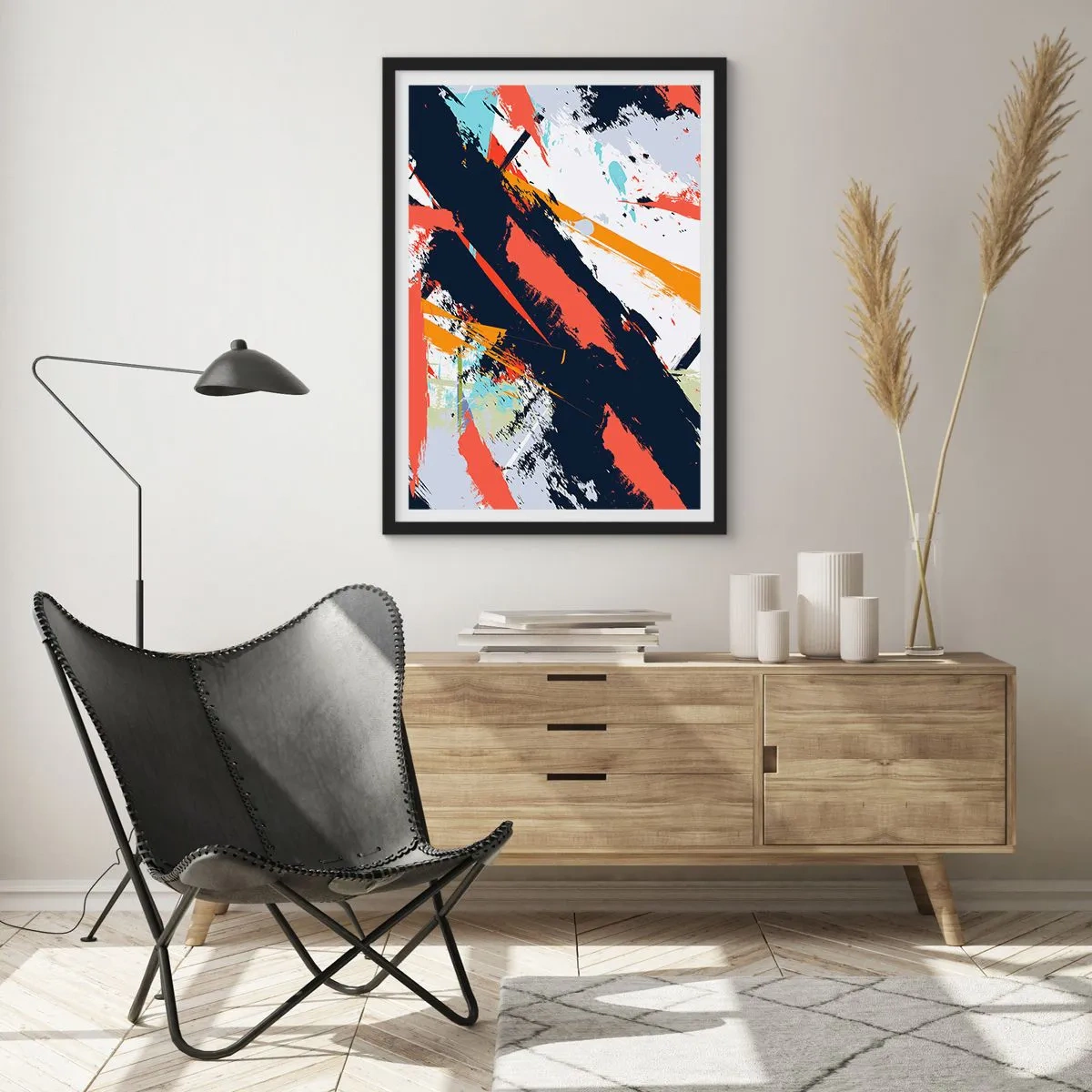Plakat w czarnej ramie - Abstrakcyjna kompozycja z dynamicznymi pociągnięciami pędzla - 50x70cm - Kompozycja dynamiczna - Nowoczesna dekoracja ścienna do salonu i sypialni ARTTOR