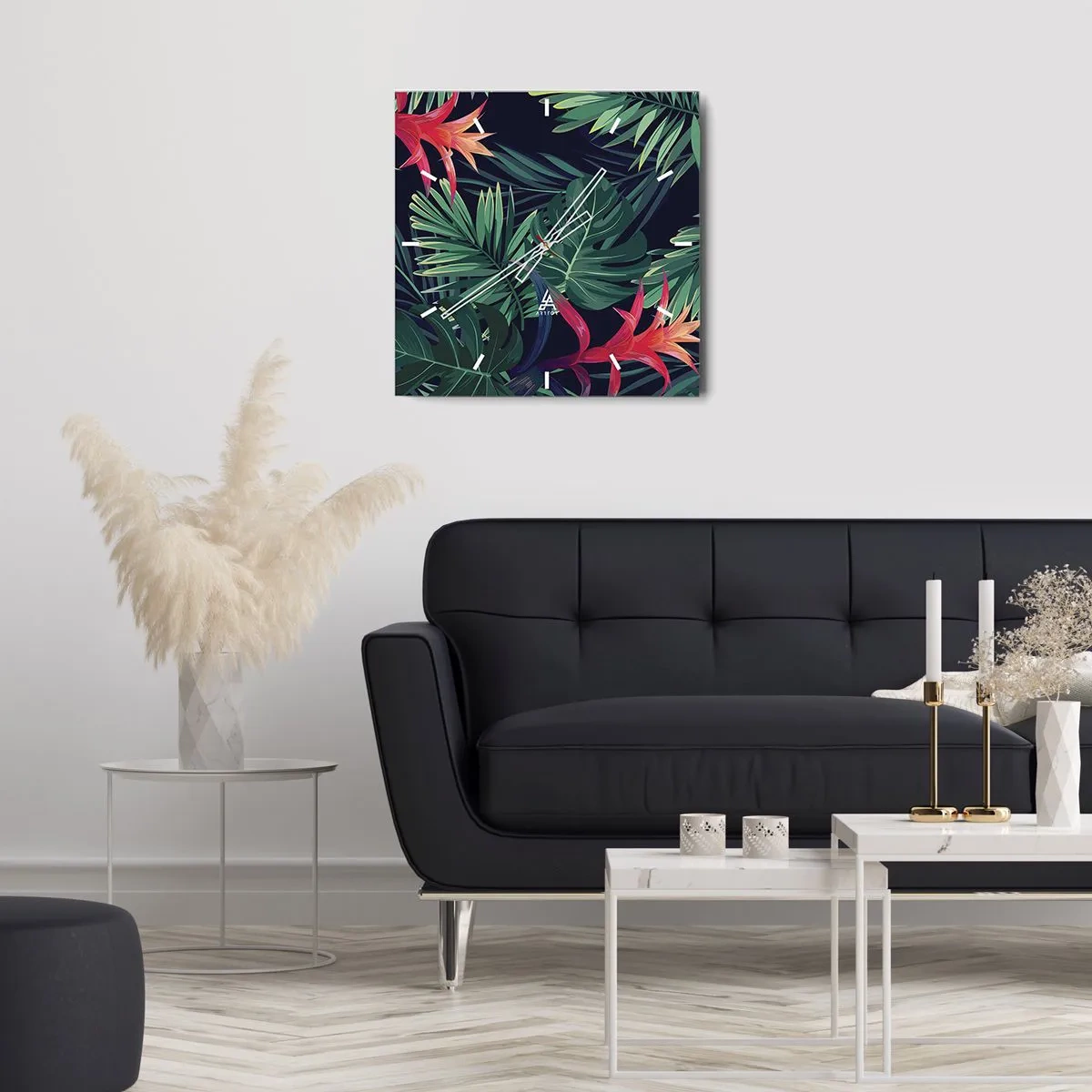 Zegar ścienny - Tropikalne liście i kwiaty na ciemnym tle - 30x30cm - Zapłonąć w zieleni - Nowoczesna dekoracja ścienna do salonu i sypialni ARTTOR