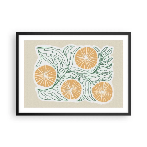 Plakat w czarnej ramie - Minimalistyczny motyw pomarańczy z zielonymi liśćmi - 70x50cm - Etnicznie z nutą abstrakcji - Nowoczesna dekoracja ścienna do salonu i sypialni ARTTOR
