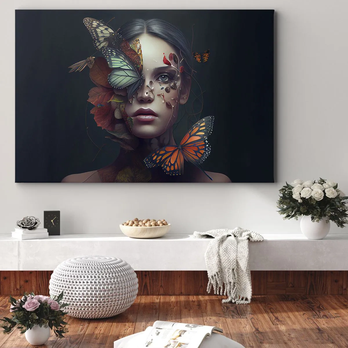 Obraz na płótnie - Portret kobiety z motylami i elementami roślinnymi - 70x50cm - Cudowna metamorfoza - Nowoczesna dekoracja ścienna do salonu i sypialni ARTTOR