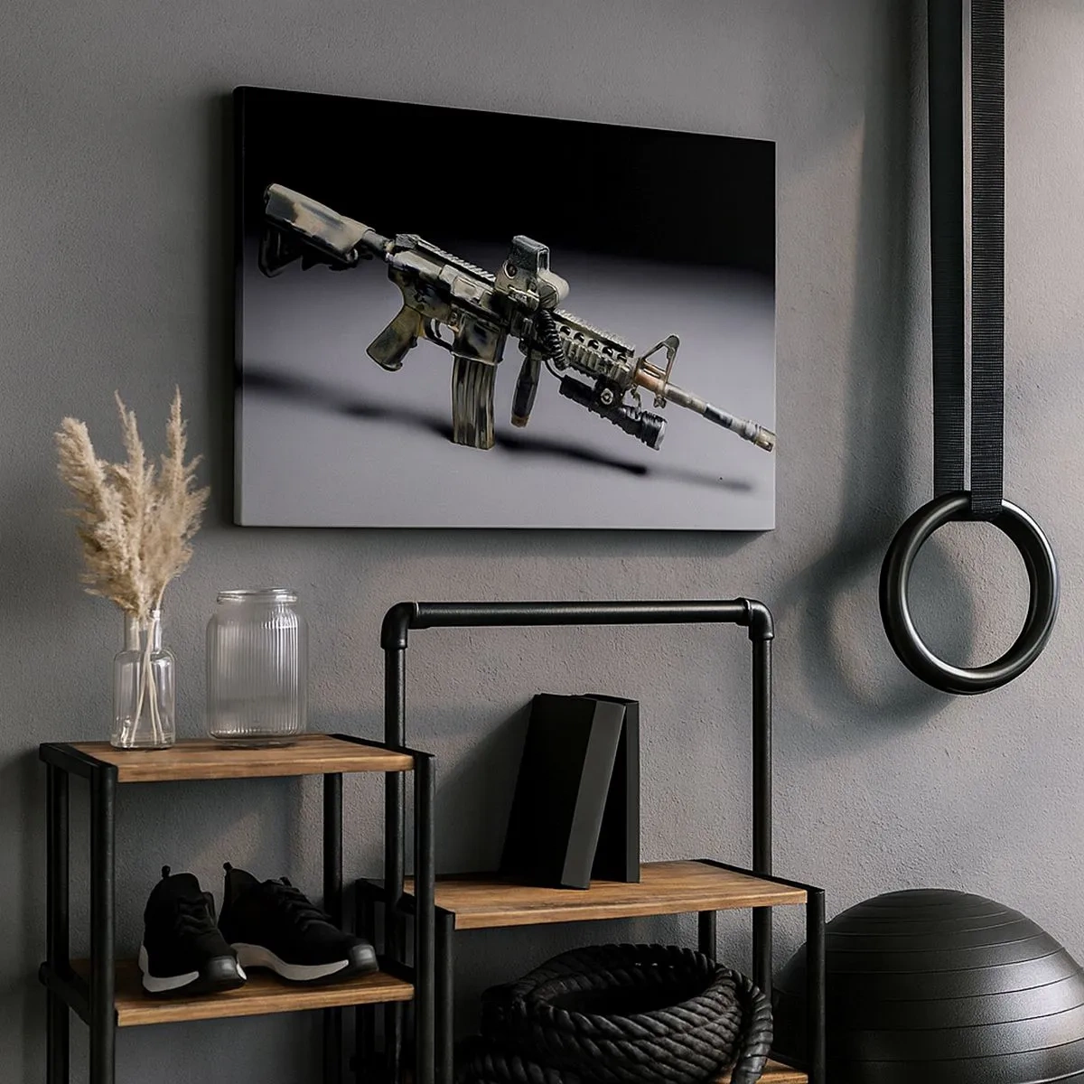 Obraz na płótnie - Nowoczesna broń w kolorze kamuflażu na ciemnym tle - 70x50cm - Zawsze grożny - Nowoczesna dekoracja ścienna do salonu i sypialni ARTTOR