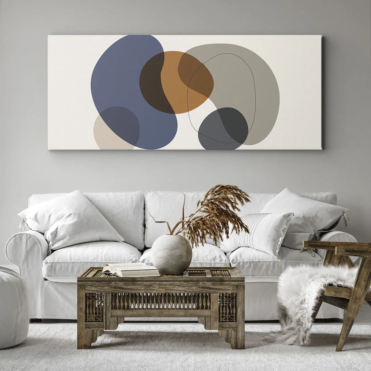 Obraz na płótnie - Abstrakcyjne kolorowe formy w odcieniach niebieskiego i brązu - 160x50cm - Krople barw - Nowoczesna dekoracja ścienna do salonu i sypialni ARTTOR