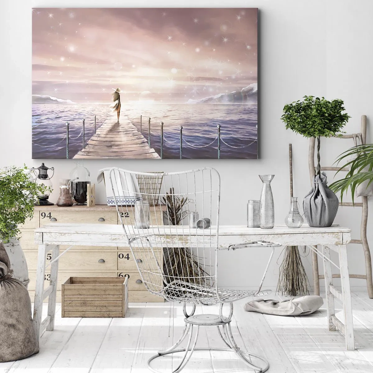 Obraz na płótnie - Kobieta na pomoście w magicznej scenerii zachodu słońca - 70x50cm - W świetle marzenia - Nowoczesna dekoracja ścienna do salonu i sypialni ARTTOR