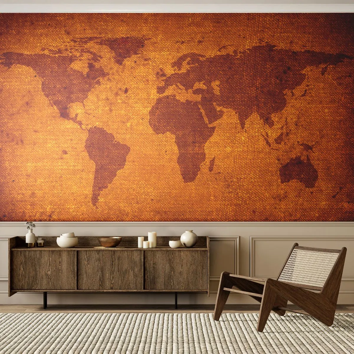 Fototapeta Premium Sand - Mapa świata w stylu vintage w odcieniach brązu - 100x70cm - Zaproszenie do podróży - Nowoczesna dekoracja ścienna do salonu, kuchni i sypialni ARTTOR
