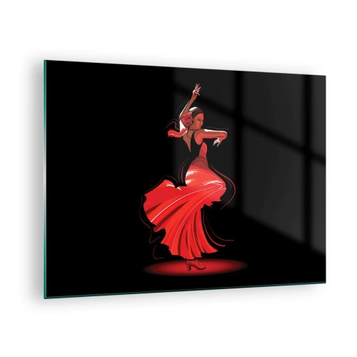 Obraz na szkle - Tancerka flamenco w czerwonej sukni na czarnym tle - 70x50cm - Ognisty duch flamenco - Nowoczesna dekoracja ścienna do salonu i sypialni ARTTOR