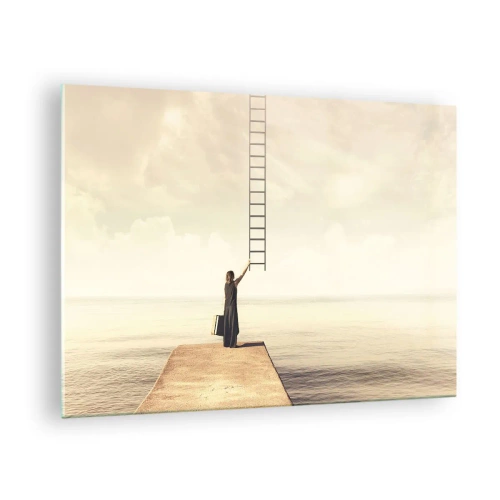 Obraz na szkle - Kobieta na molo z drabiną prowadzącą do nieba - 70x50cm - Magiczna podróż - Nowoczesna dekoracja ścienna do salonu i sypialni ARTTOR