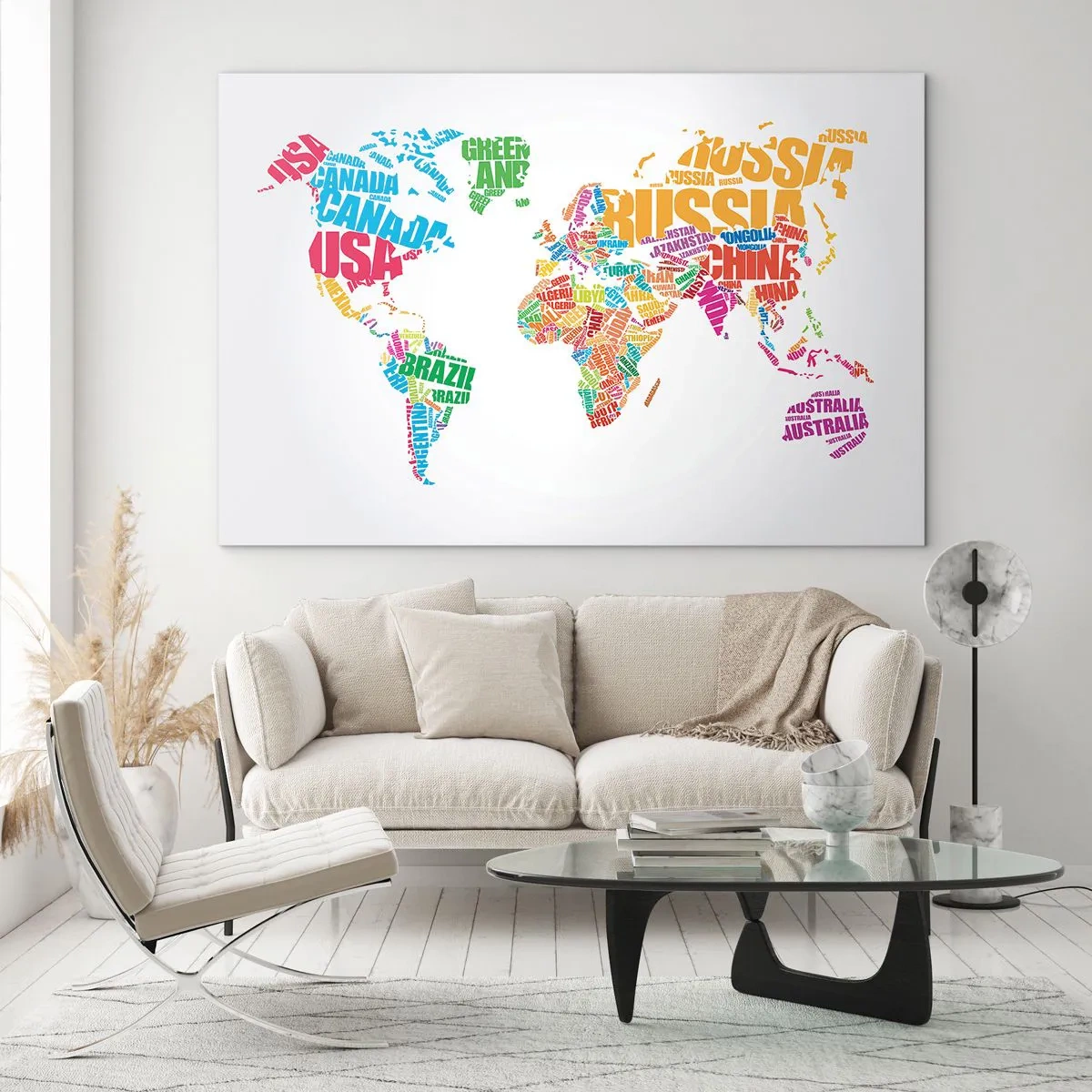 Obraz na szkle - Mapa świata w kolorowych napisach nazw krajów - 70x50cm - Chcę poznać wszystkie - Nowoczesna dekoracja ścienna do salonu i sypialni ARTTOR