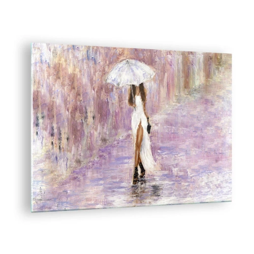 Obraz na szkle - Postać kobiety z parasolką w liliowej scenerii deszczu - 70x50cm - W liliowym deszczu - Nowoczesna dekoracja ścienna do salonu i sypialni ARTTOR