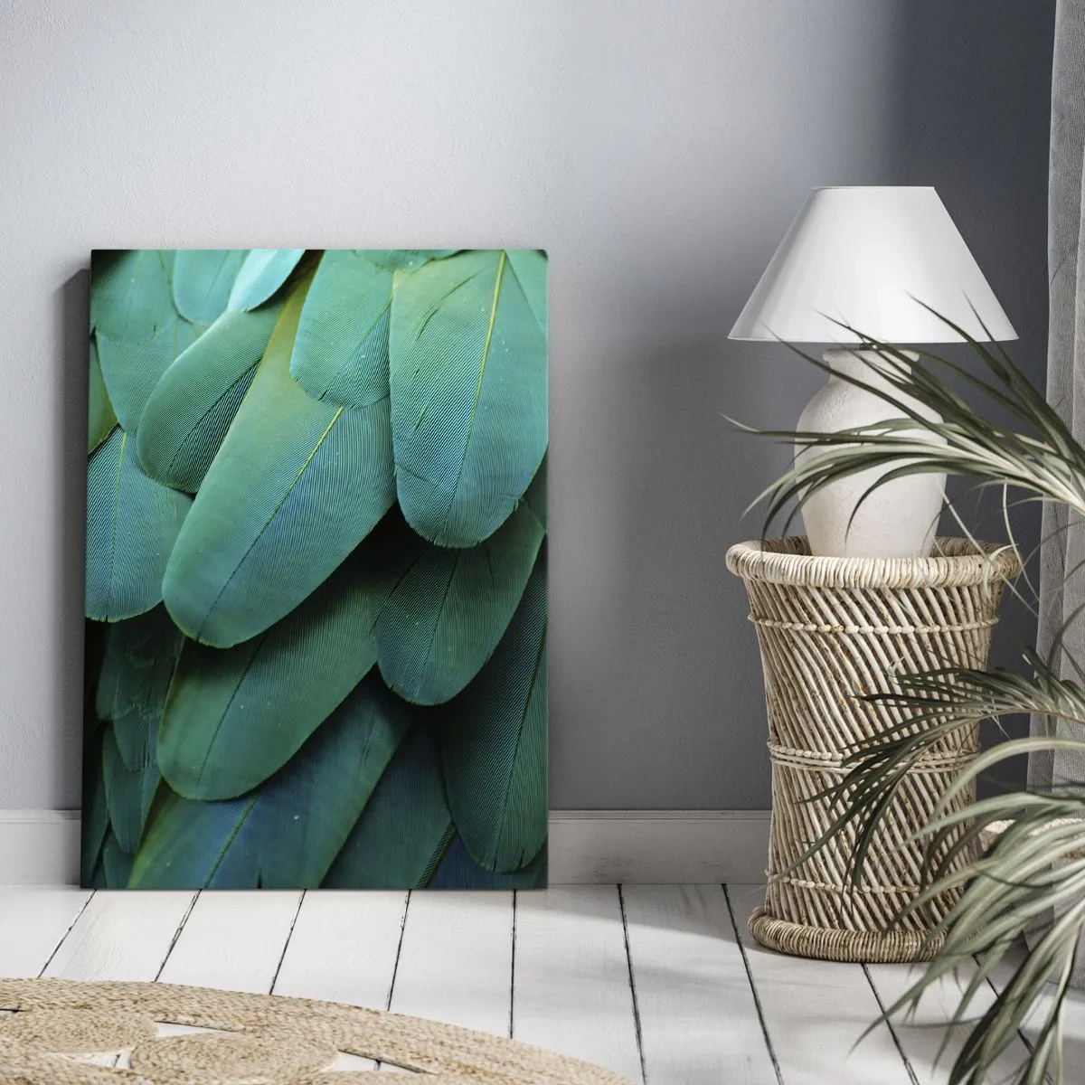 Obraz na płótnie - Detal piór w odcieniach zieleni - 80x120cm - Precyzja papuziej natury - Nowoczesna dekoracja ścienna do salonu i sypialni ARTTOR