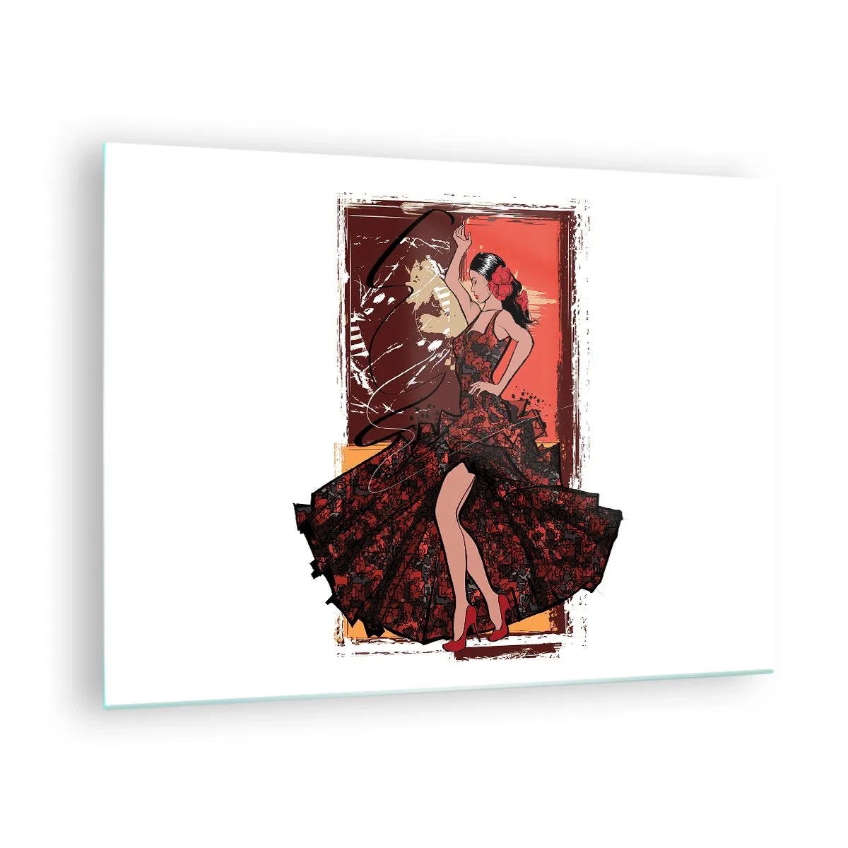 Obraz na szkle - Tancerka flamenco w eleganckiej czerwono-czarnej sukni - 70x50cm - W rytmie serca - Nowoczesna dekoracja ścienna do salonu i sypialni ARTTOR