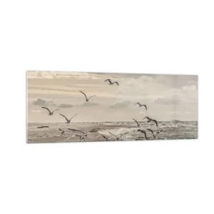 Obraz na szkle - Mewa w locie nad nadmorskim krajobrazem - 140x50cm - Morza szum, ptaków śpiew - Nowoczesna dekoracja ścienna do salonu i sypialni ARTTOR