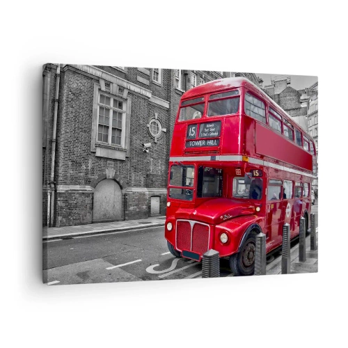 Obraz na płótnie - Czerwony autobus piętrowy w Londynie na tle klasycznej architektury - 70x50cm - Zawsze taki sam - Nowoczesna dekoracja ścienna do salonu i sypialni ARTTOR