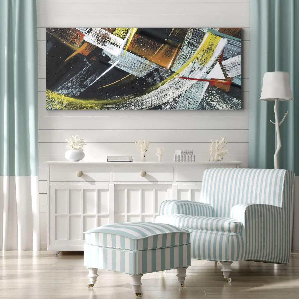 Obraz na płótnie - Kolorowe abstrakcyjne pociągnięcia pędzla - 140x50cm - Energia ruchu - Nowoczesna dekoracja ścienna do salonu i sypialni ARTTOR