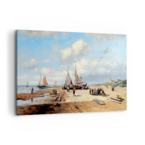Obraz na płótnie - Rybackie łodzie na plaży z postaciami ludzi - 120x80cm - Po udanym połowie - Nowoczesna dekoracja ścienna do salonu, kuchni i sypialni ARTTOR