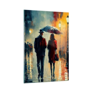 Obraz na szkle - Spacer w deszczu pod parasolem w mieście nocą - 80x120cm - Miejska love story - Nowoczesna dekoracja ścienna do salonu i sypialni ARTTOR