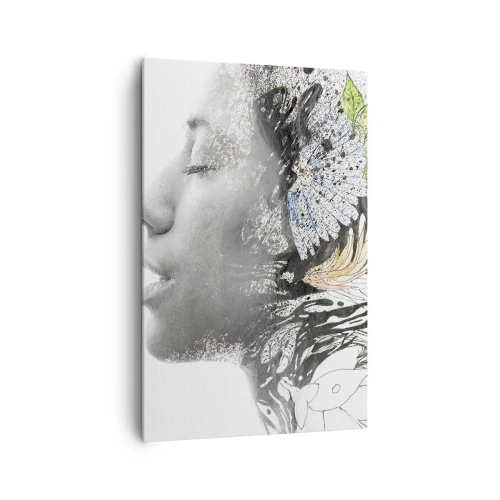 Obraz na płótnie - Profil kobiety w artystycznym kolażu natury i czerni - 80x120cm - Zanurzona w naturze - Nowoczesna dekoracja ścienna do salonu i sypialni ARTTOR