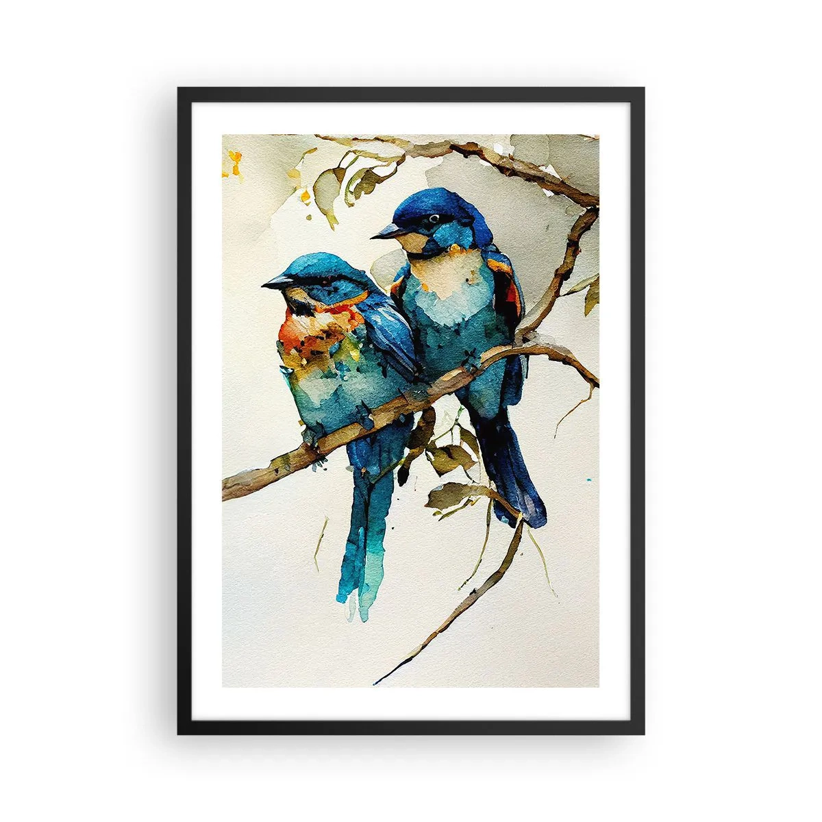 Plakat w czarnej ramie - Akwarelowe ptaki na gałęzi w odcieniach niebieskiego i brązu - 50x70cm - Obraził się? - Nowoczesna dekoracja ścienna do salonu i sypialni ARTTOR