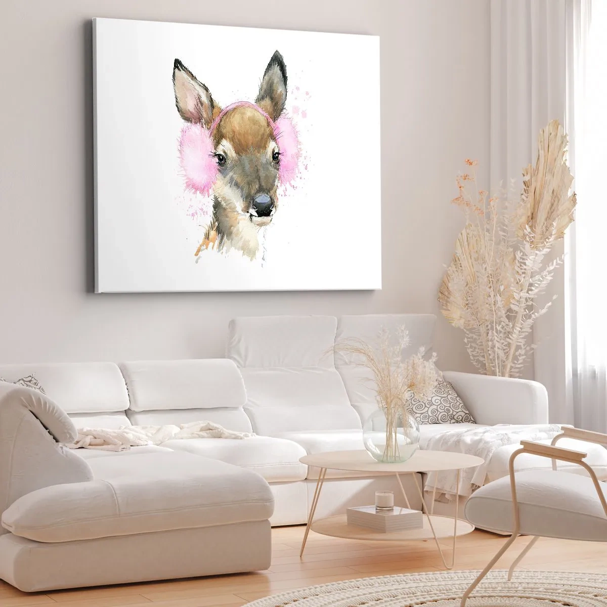 Obraz na płótnie - Akwarelowy jeleń w różowych nausznikach - 70x50cm - I mróz już niestraszny - Nowoczesna dekoracja ścienna do salonu i sypialni ARTTOR