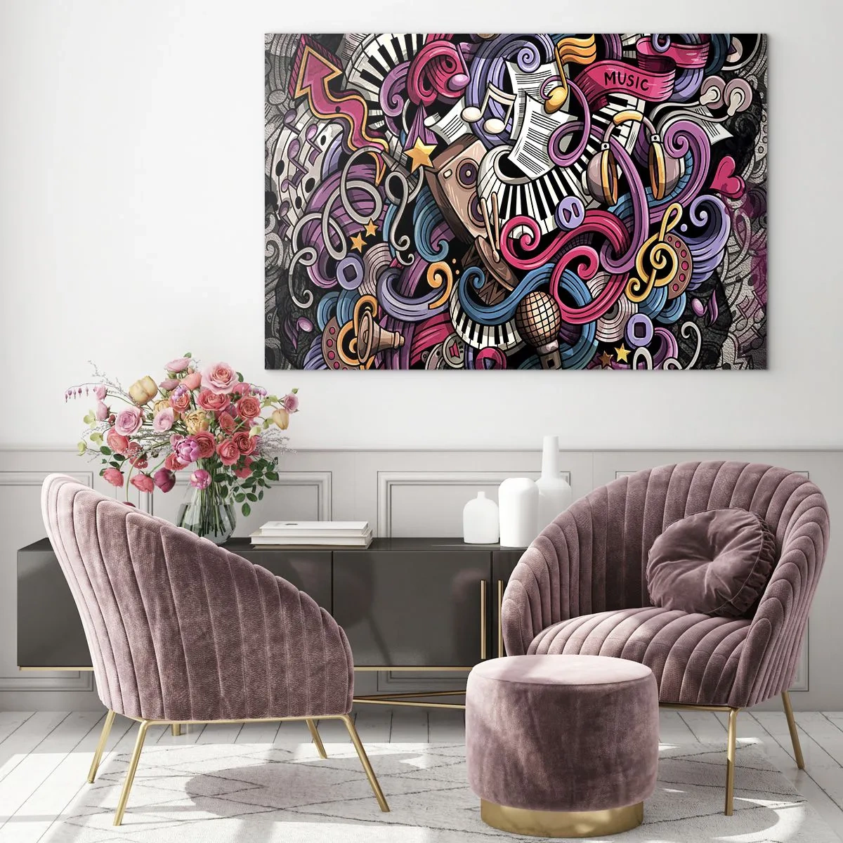 Obraz na szkle - Kolorowe motywy muzyczne z nutami i instrumentami - 70x50cm - Skomplikowana melodia - Nowoczesna dekoracja ścienna do salonu i sypialni ARTTOR