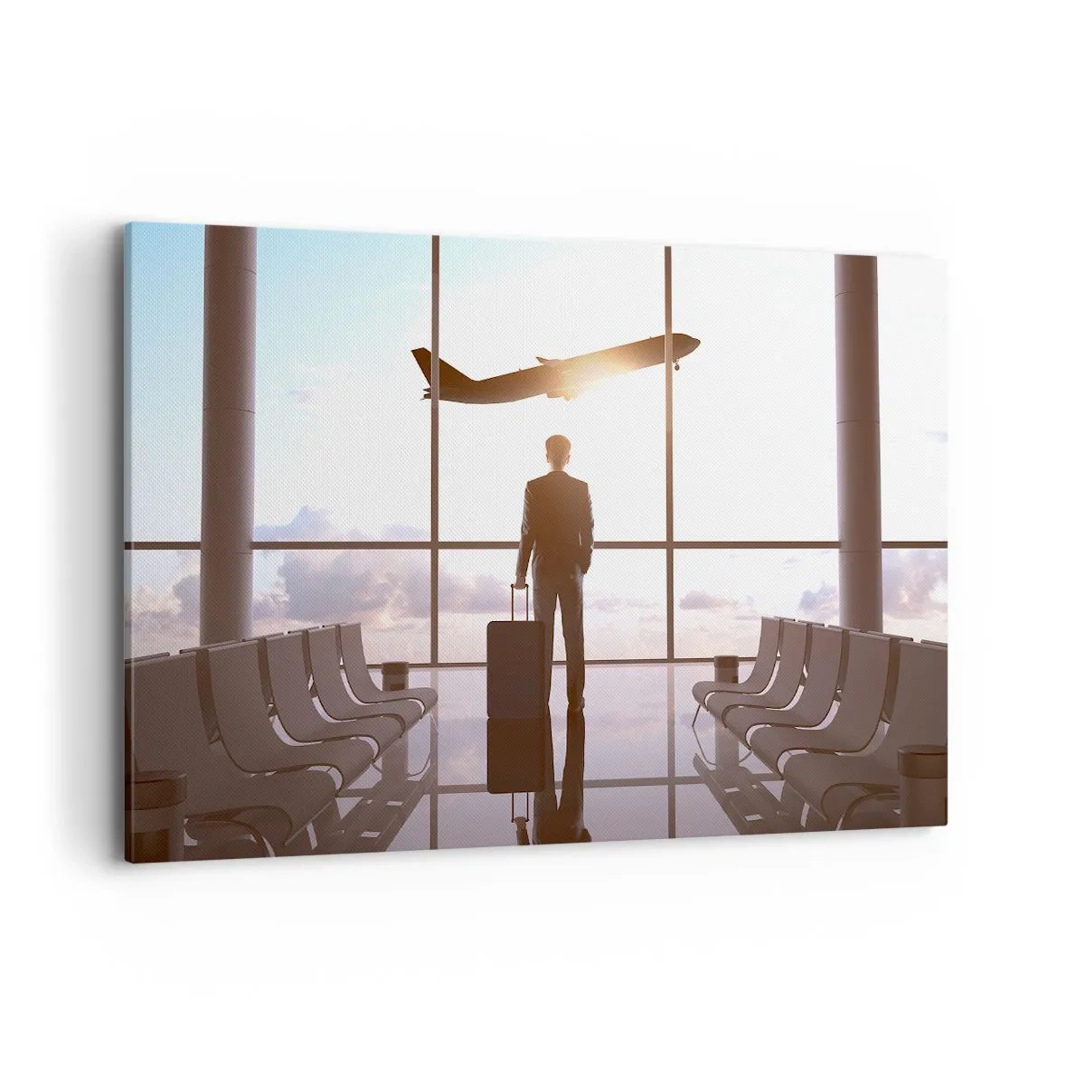 Obraz na płótnie - Biznesmen na lotnisku z samolotem w tle - 120x80cm - Masz czas, zwolnij - Nowoczesna dekoracja ścienna do salonu, kuchni i sypialni ARTTOR