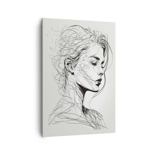 Obraz na płótnie - Delikatny portret kobiety w minimalistycznym stylu graficznym - 70x100cm - Portret w zamyśleniu - Nowoczesna dekoracja ścienna do salonu i sypialni ARTTOR
