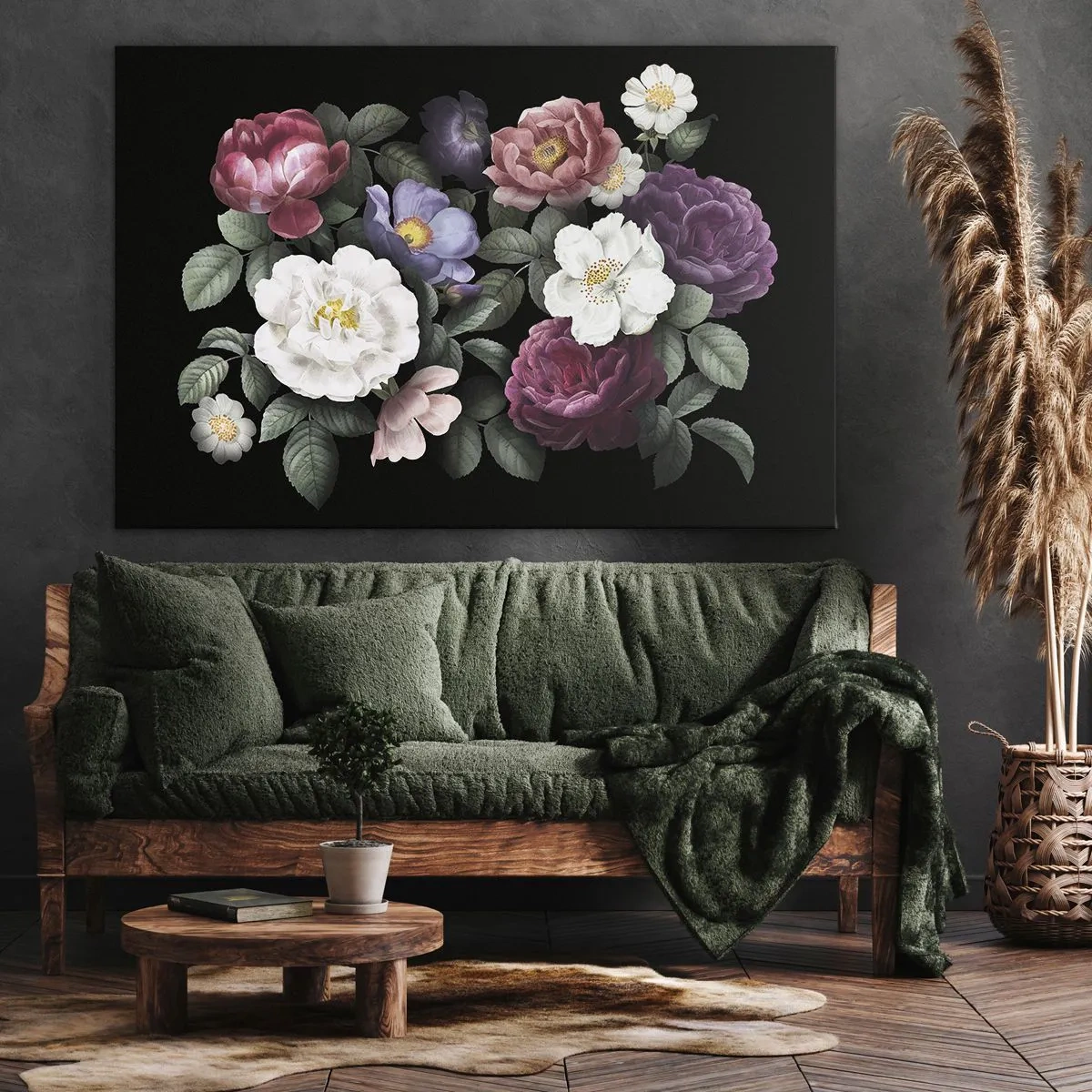 Obraz na płótnie - Kwiaty w różnorodnych kolorach na czarnym tle - 70x50cm - Z angielskiego ogrodu - Nowoczesna dekoracja ścienna do salonu i sypialni ARTTOR
