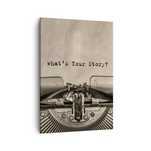 Obraz na płótnie - Maszyna do pisania z napisem 'What's Your Story?' - 50x70cm - Opowiedz mi - Nowoczesna dekoracja ścienna do salonu, kuchni i sypialni ARTTOR