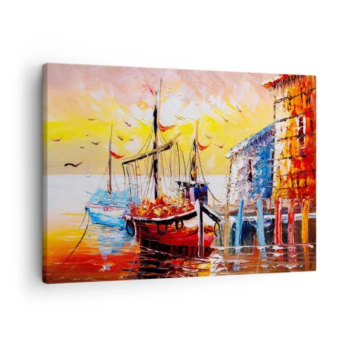 Obraz na płótnie - Malowniczy port o zachodzie słońca z łodziami rybackimi - 70x50cm - Szczęśliwy powrót - Nowoczesna dekoracja ścienna do salonu i sypialni ARTTOR